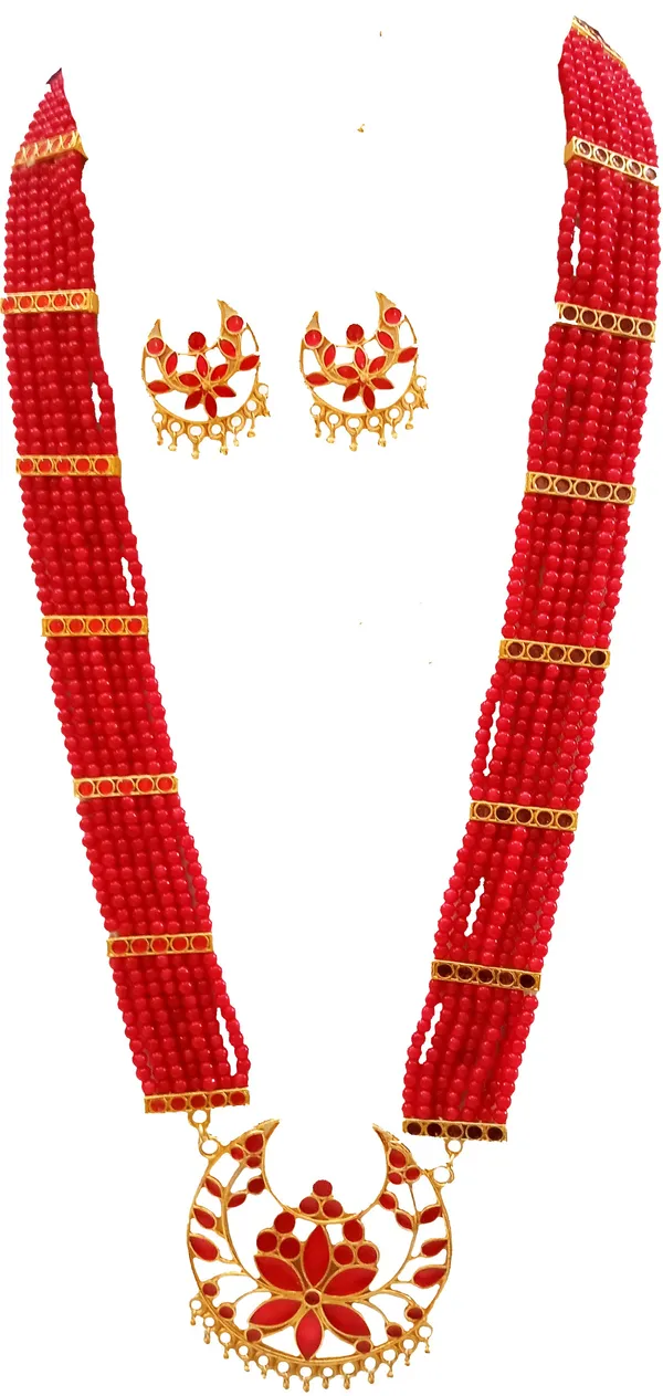 Assamese_Traditional_Gold_Plated_Red_Colour_Joonbiri_Tassel_Jewellery_Set_For_Women_And_Girl